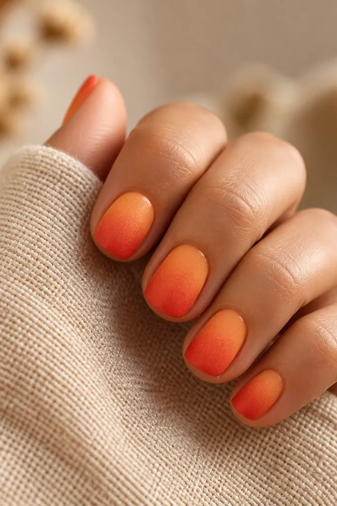Short rounded nails with a bright sunset gradient: peach near cuticles, orange in the middle, and warm red-orange at the tips. The tips look slightly textured due to a satin finish.