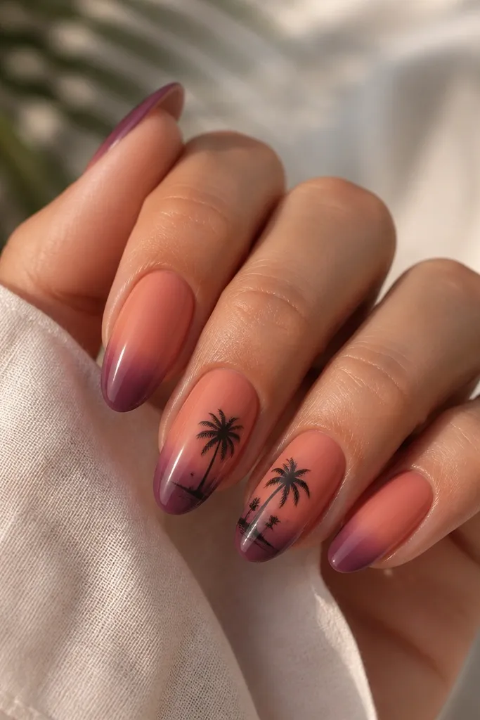 Medium almond nails with peach ombre fading to plum tips. On two nails, tiny black palm silhouettes sit near the bottom third, like a beach at dusk.