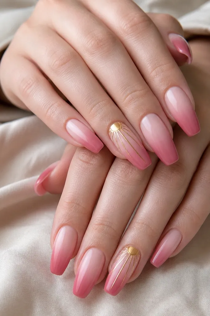 Coffin nails with pink ombre from pale blush at cuticles to deeper rose at tips. One nail per hand has a small gold foil sun burst near the cuticle, with thin rays spreading outward.