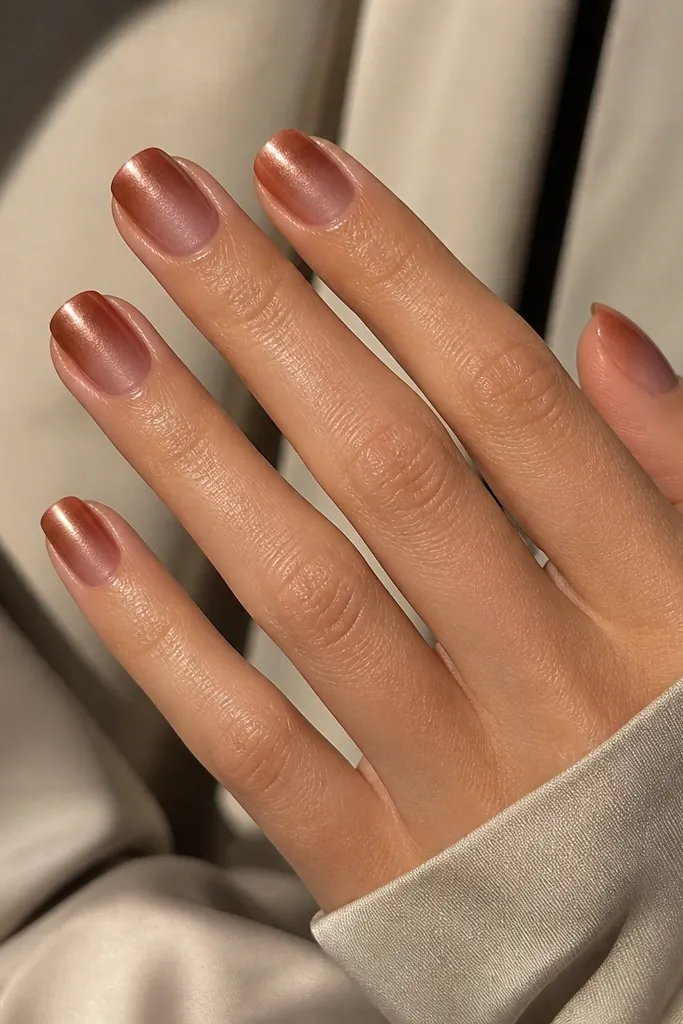 Short squoval nails with a warm bronze-to-rose ombre. The gradient looks smooth with a soft metallic glow, but there are no extra lines or dots.