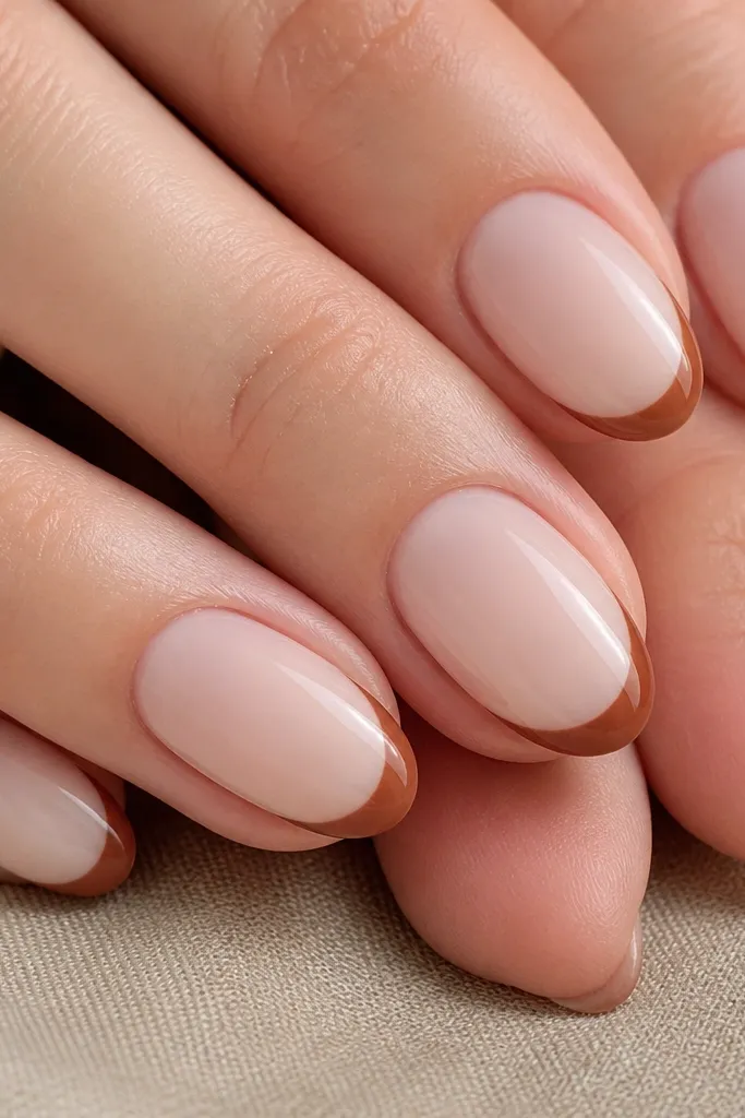 Close-up of short almond nails with a milky nude base and thin caramel-brown French tips, glossy finish, crisp white-space-free edges.