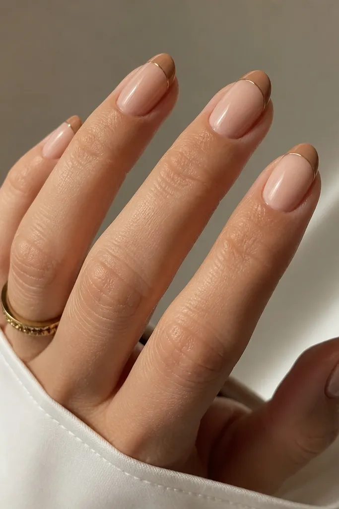 Nails with a soft nude base and toasted tan French tips; the tips have a thin glossy border line right along the edge.