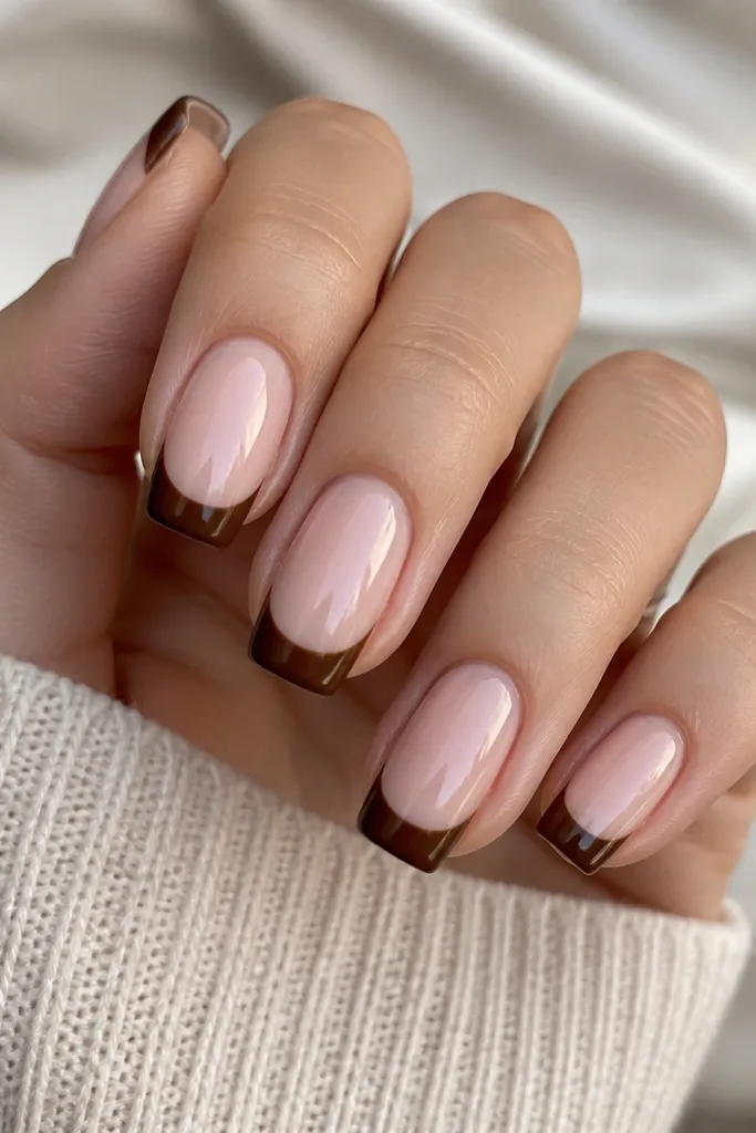Medium-length squoval nails with sheer pink nude base and bold chocolate-brown French tips, glossy and centered smile line.