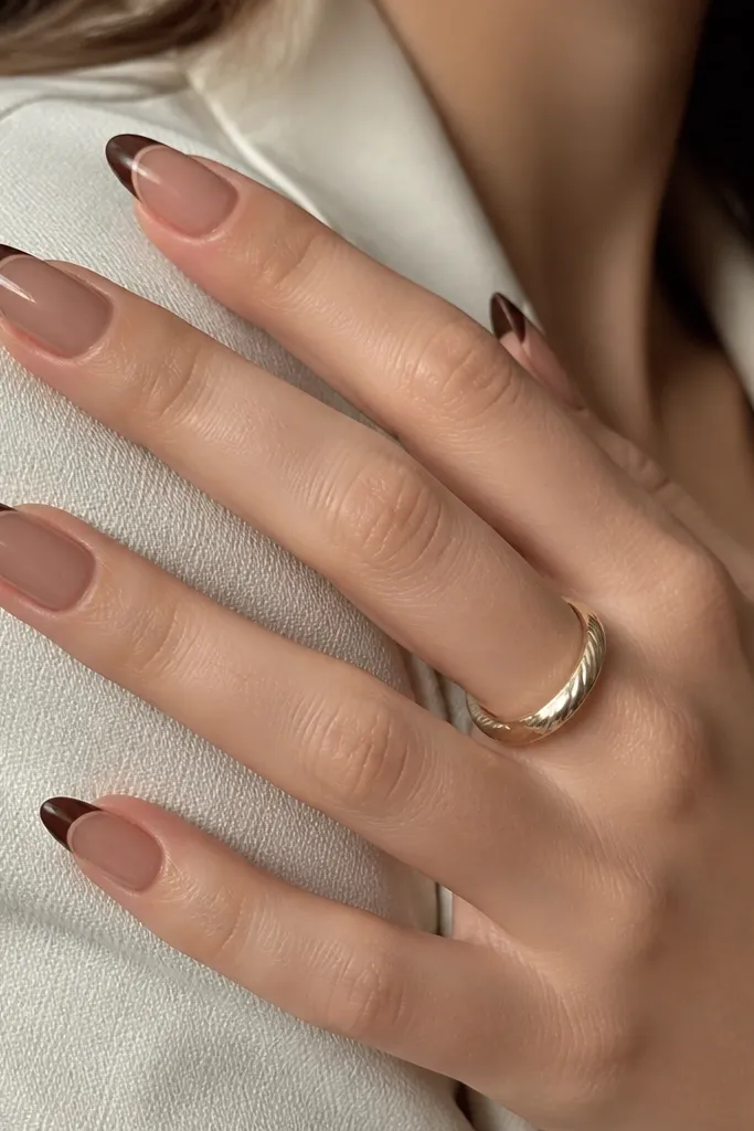 Almond nails showing espresso-brown tips separated from the nude base by a hairline nude gap; glossy finish.
