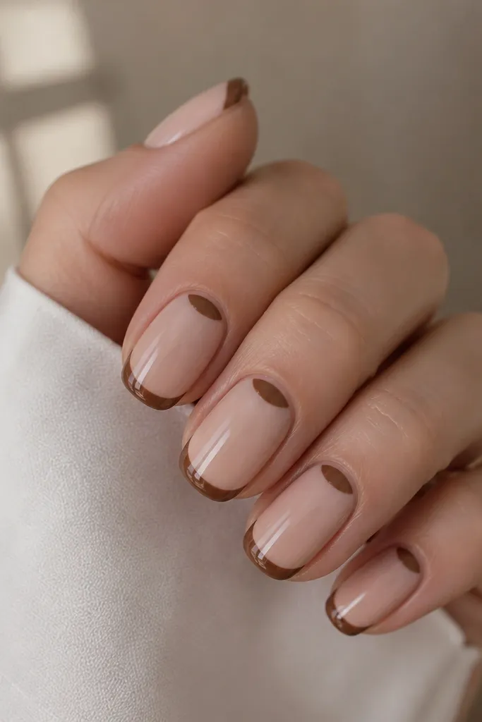 Nails with nude base, mocha-brown French tips, and a small half-moon of mocha right at the cuticle center; glossy top coat.