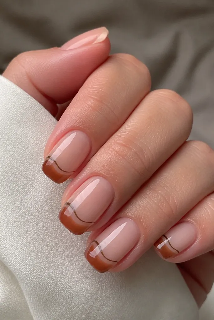 Short squoval nails with nude base and caramel-brown tips outlined with a thin swirl line, glossy finish and clean edges.