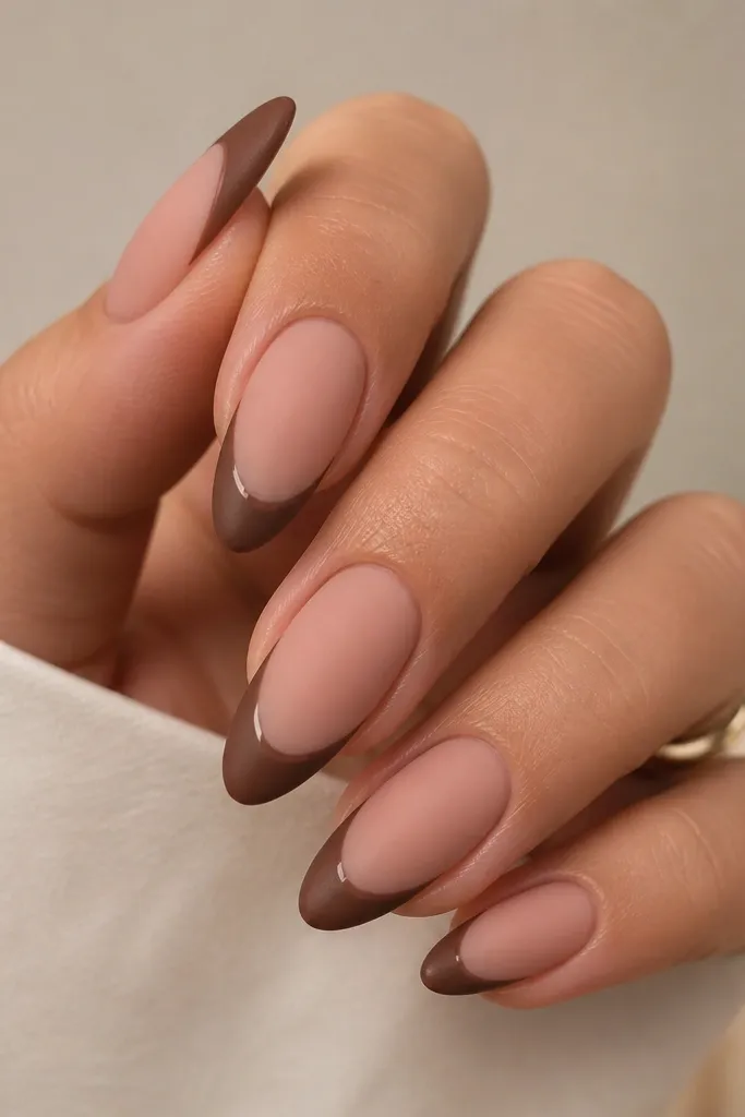 Almond nails with matte nude base and matte cocoa French tips; a thin glossy line runs along the inner edge of the tip.