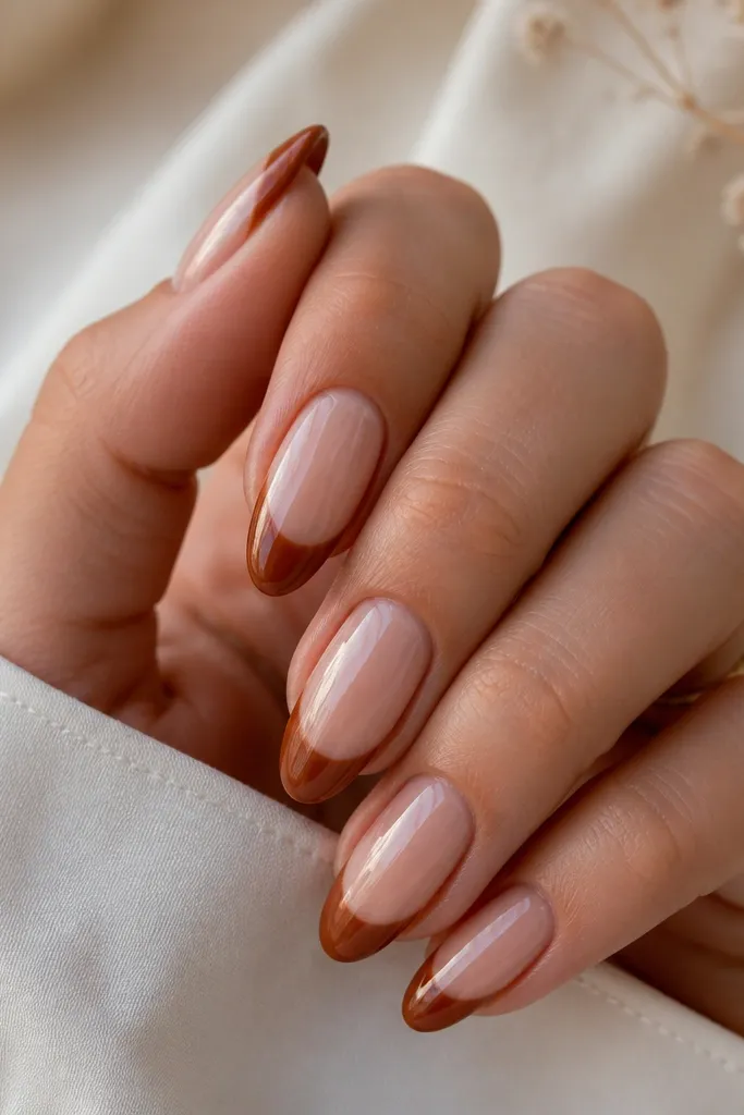 Medium almond nails with clear nude base and bright cinnamon-brown French tips, very glossy, reflective finish.