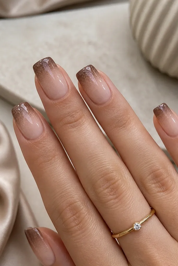 Squoval nails with taupe-brown tips and a faint micro-glitter fade from the tip inward; nude base, glossy finish.
