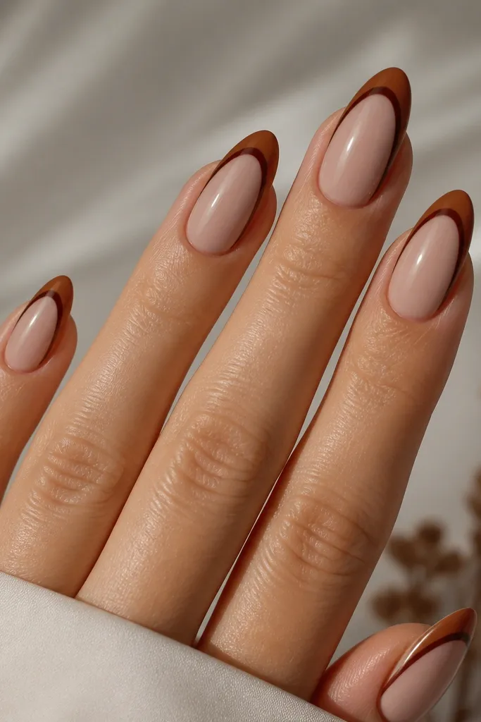 Almond nails with a caramel-brown outer tip and a thinner espresso-brown inner line, nude base, glossy finish.