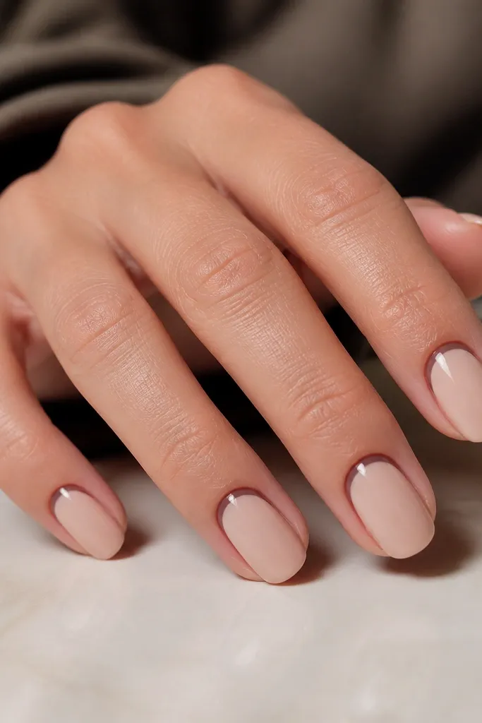 Nails with nude base and a brown smile line at the cuticle area, reverse French style, glossy finish.