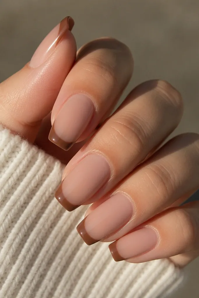 Affordable budget brown french tip acrylic nails