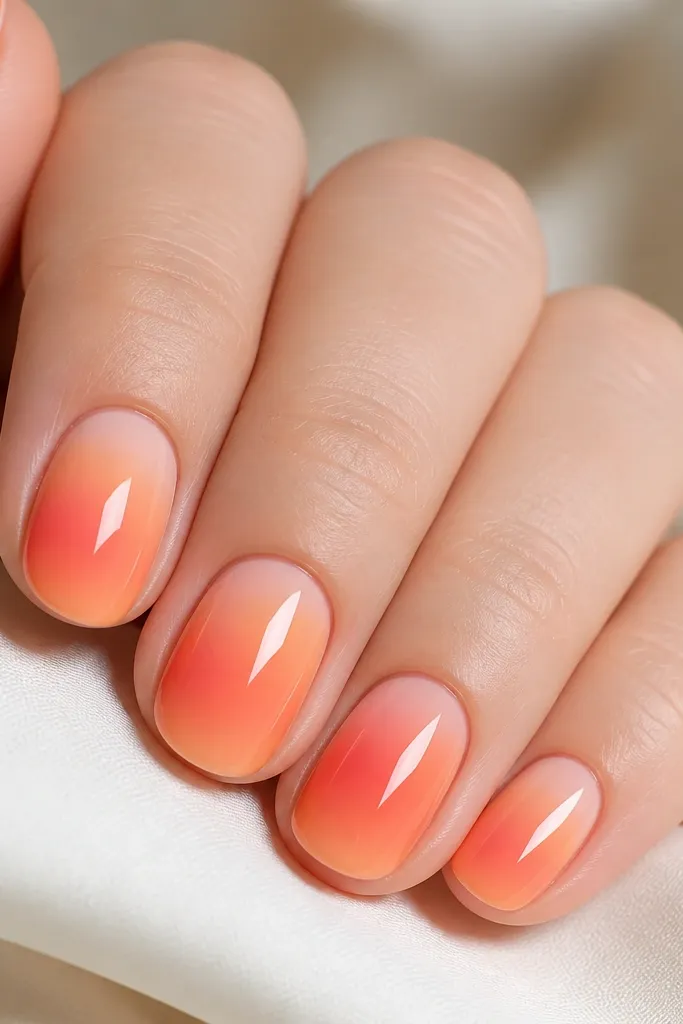 Close-up of short oval nails with a smooth gradient: peach at the cuticle fading into coral mid-nail, then a warm apricot tip. The surface is glossy with no glitter.