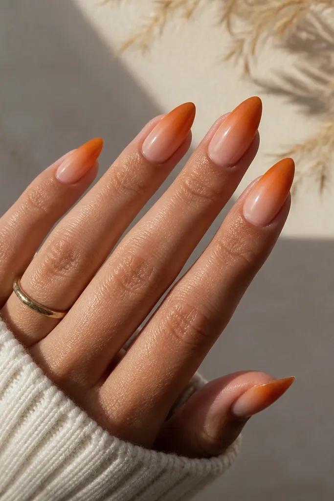 Medium almond nails: nude base with an orange ombre that starts around the cuticle line and deepens to burnt orange at the tips. The fade is smoky, not banded.
