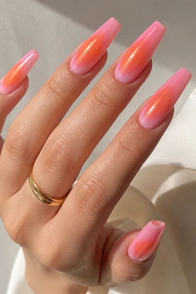 Long coffin nails with a rose-pink base blending into tangerine orange at the center, then fading into a soft pink tip. The finish is glossy and smooth.