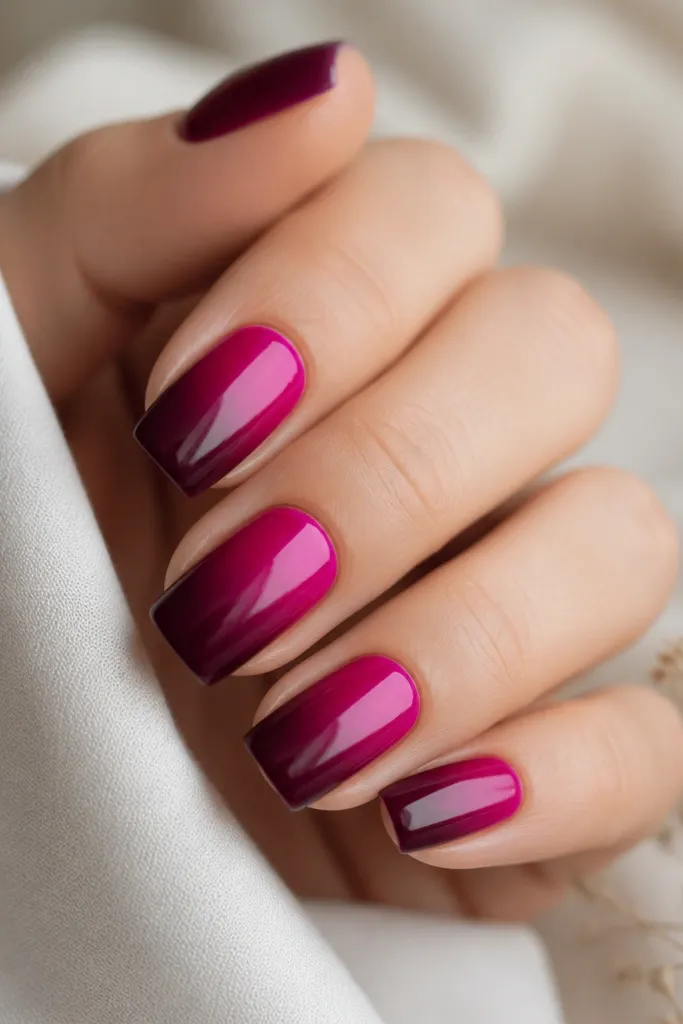 Square nails with a deep magenta ombre: bright pink near the cuticle fading into plum at the tips. There's a subtle smoky edge where colors meet.