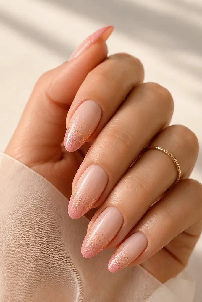 Almond nails with a peach-to-pink ombre. The tips have a concentrated burst of fine gold glitter shaped like a small flare.
