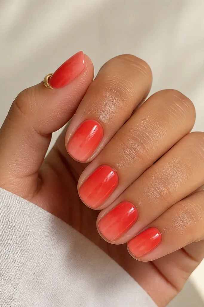 Short rounded nails with a coral ombre that has a soft wave effect: coral at the base, orange-red in the middle, and a lighter coral haze at the tips.