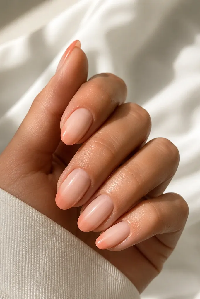 Medium oval nails with a nude base and a peach ombre French tip. The tips fade from peach at the very edge into nude near the center line.