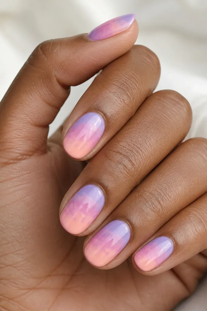 Rounded nails with lavender at the base blending into rose-pink and then soft peach at the tips, like pastel clouds.