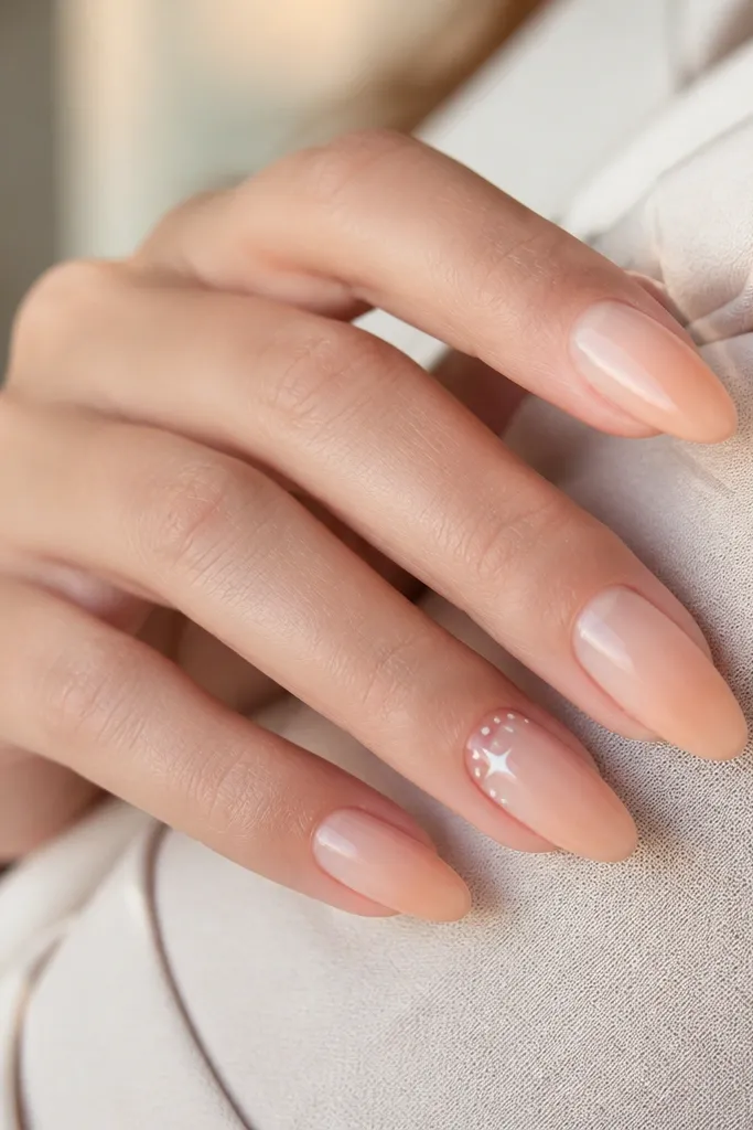 Nude-peach ombre nails with one accent nail showing tiny white star dots near the cuticle, like early morning sky.
