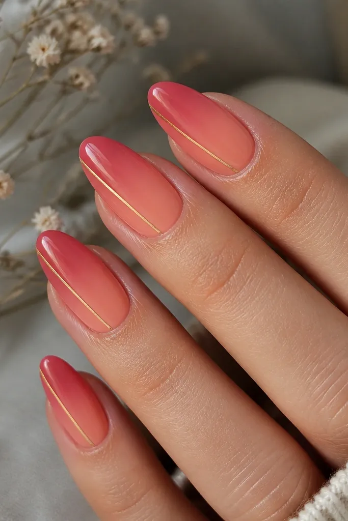 Almond nails with coral-to-rose ombre. A single thin gold strip runs diagonally across the ombre, starting near the side wall and ending toward the center.