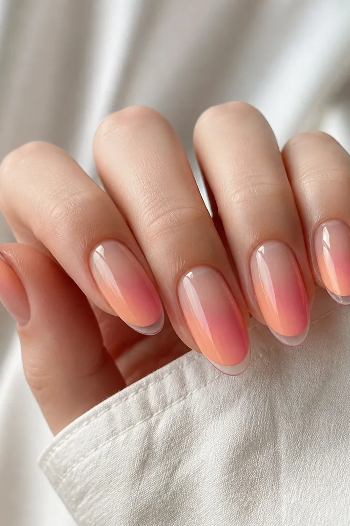 Oval nails with apricot-to-pink ombre on the lower half, and a clear negative-space crescent at the very tip edge.