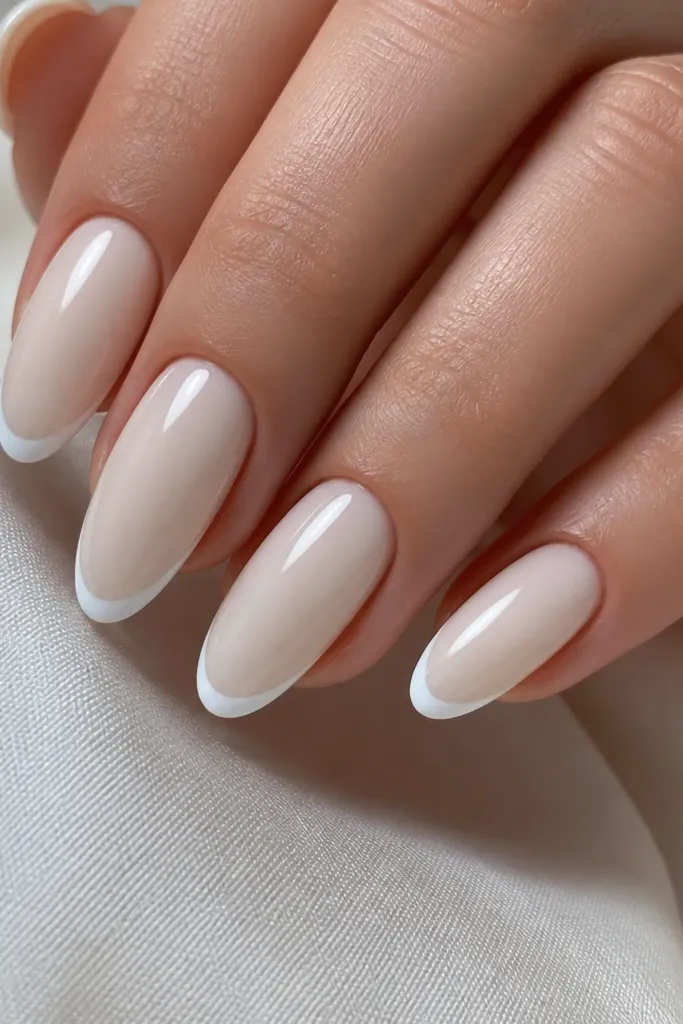 Close-up of almond nails with a creamy almond-white base. Tips are ultra-thin and bright-white, drawn as a curved French line about 1 mm thick. Glossy finish, natural cuticle line, no extra gems.