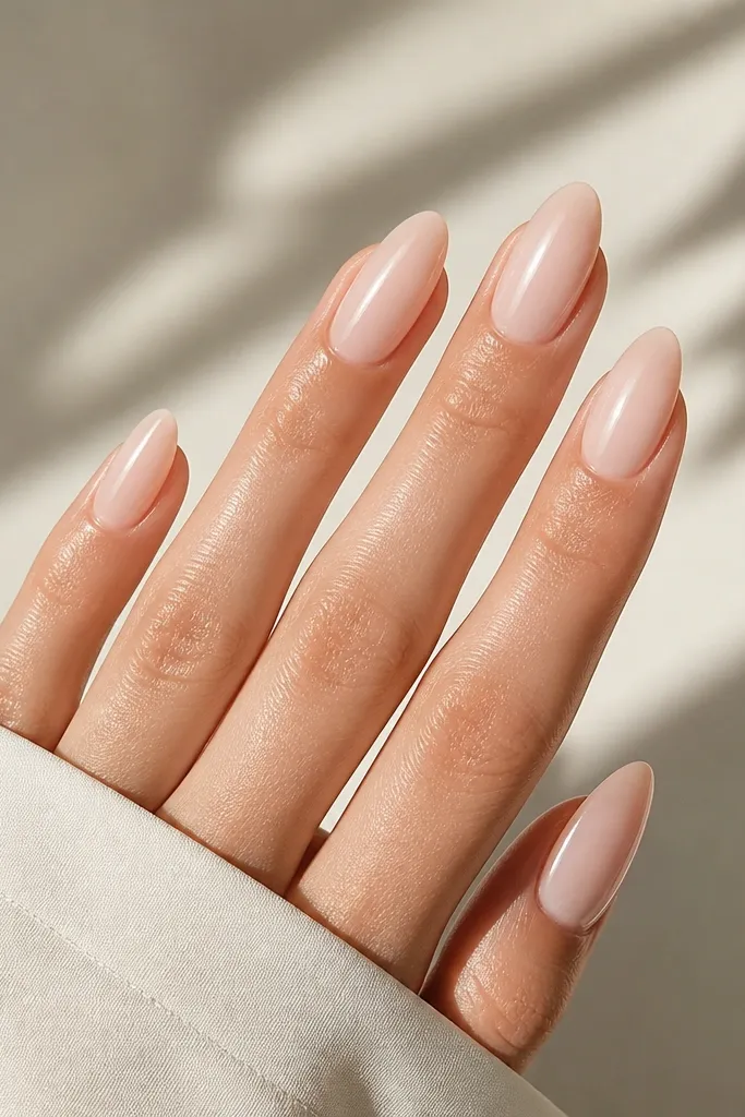 Almond nails with a nude-pink base. Over it, milky white is applied like a translucent glaze, leaving the center slightly lighter than the sides. Soft glossy shine, no lines, no glitter.