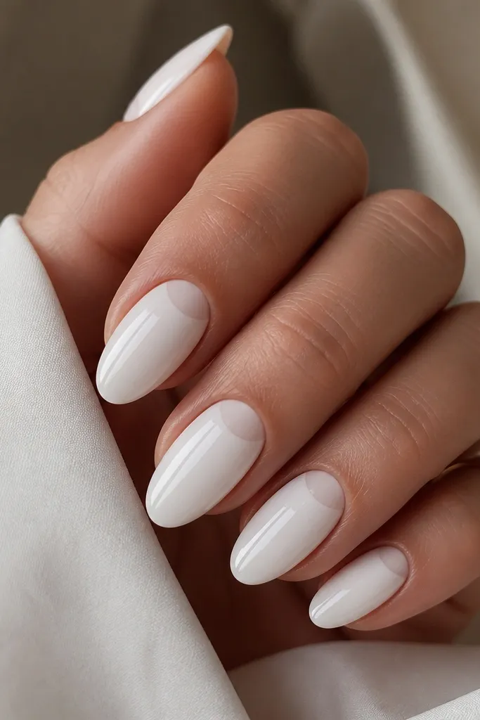 Almond nails in almond white. At the cuticle, there's a milky white half-moon shape that's slightly brighter and more opaque than the rest of the nail. Glossy finish, crisp edges.