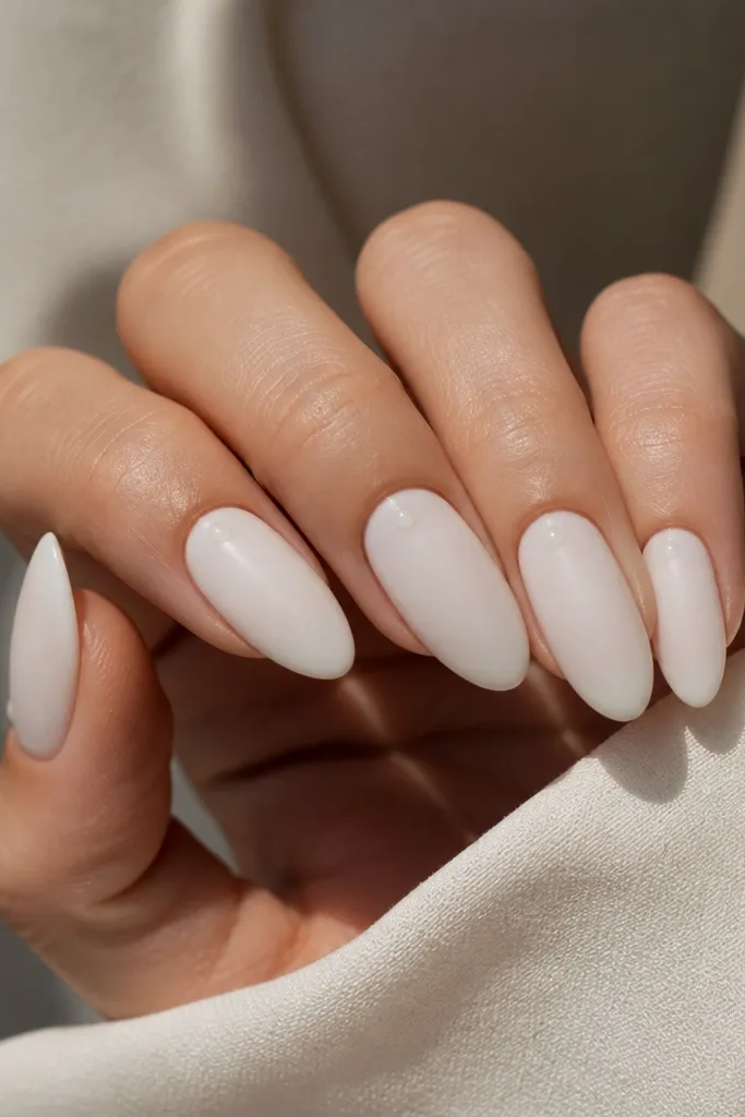 Almond nails completely milky white, finished matte. Near the cuticle center on each nail, there's a tiny glossy clear dot (like a miniature bead). The rest stays matte with velvety texture.