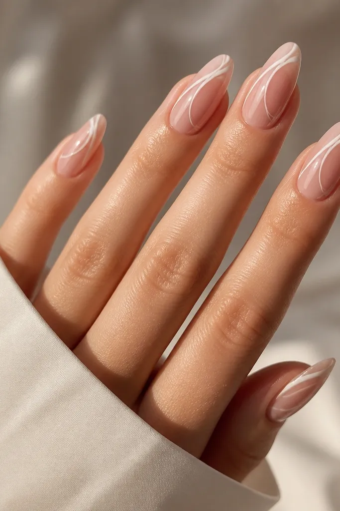 Almond nails with a nude base. Two curved almond-white lines sweep from the mid-nail toward the tip, leaving most of the nail clear. Glossy finish, minimal, clean lines.
