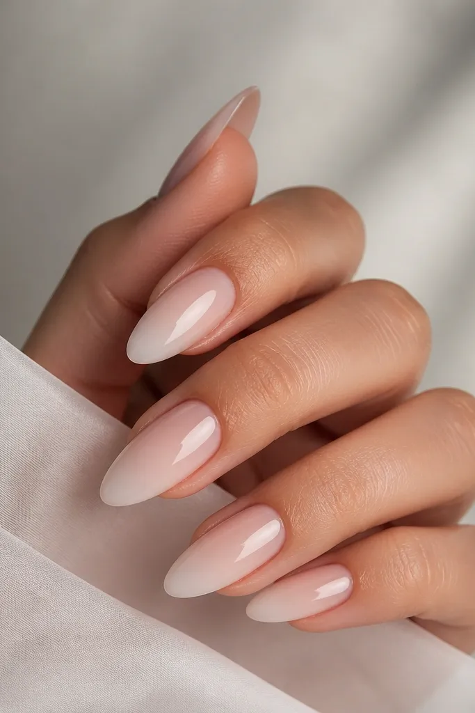 Almond nails with a nude base fading into milky white at the tips. The fade is smooth, with the white only covering the last third. Glossy finish, no harsh line.