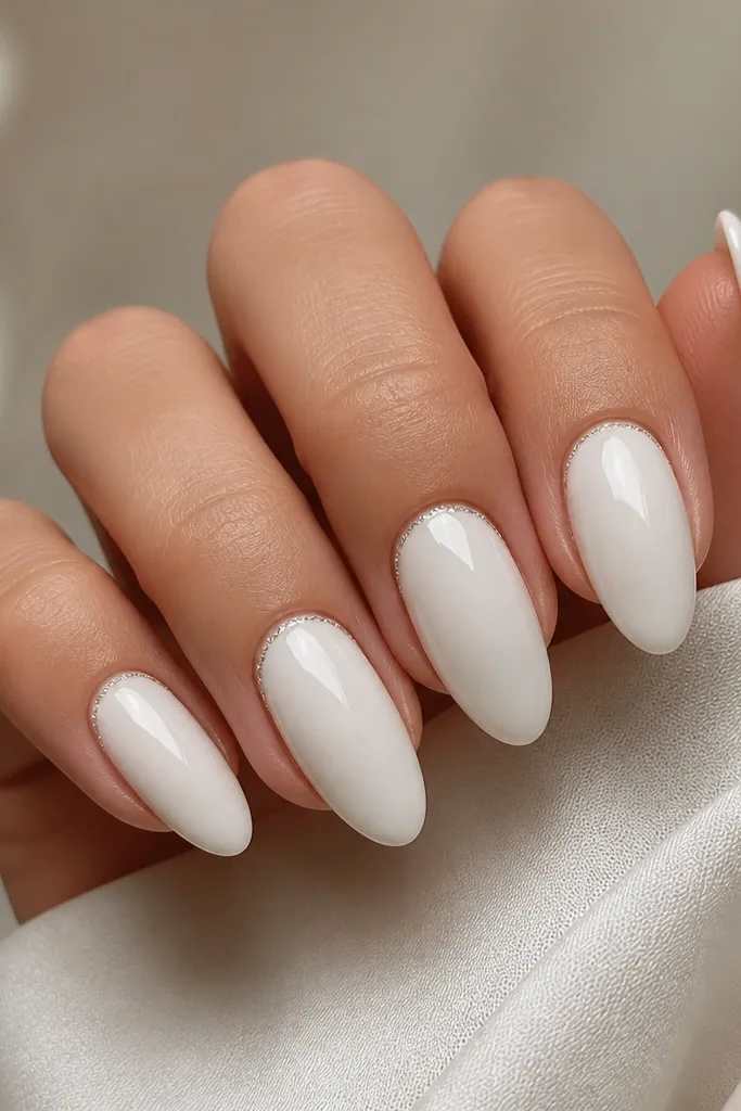 Almond nails in almond white, glossy and smooth. Around the cuticle on each nail is a tiny halo of fine silver micro-glitter, forming a thin ring. No other glitter appears.