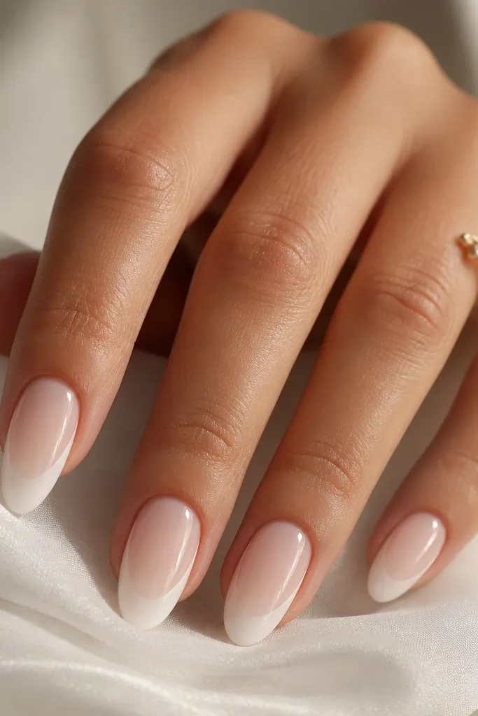Almond nails with a soft almond-white wash across the tip area that fades into the nude base. Inside the tip, there's a milky white curved smile line. Glossy finish, two-tone but subtle.