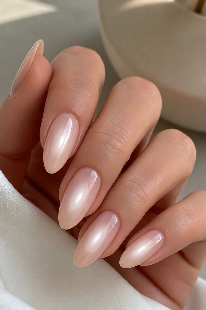 Almond nails with a nude base. Around the mid-nail is a thin almond-white aura arc. In the center of the aura, there's a milky white brighter patch that fades outward. Glossy finish.