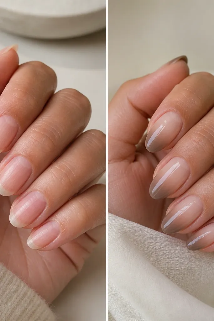 A before and after pair showing almond nails with a milky sheer nude near the cuticle fading into a warm taupe at the tips; the gradient is smooth with a glossy top coat and clean sidewalls.