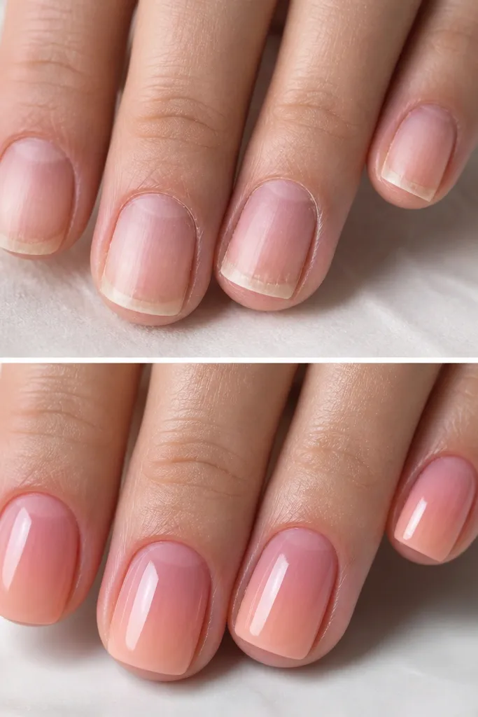 Short square nails in a before and after layout; the cuticle area is sheer rose-pink, fading into a peachy nude at the tips, with a glossy finish and squared edges.