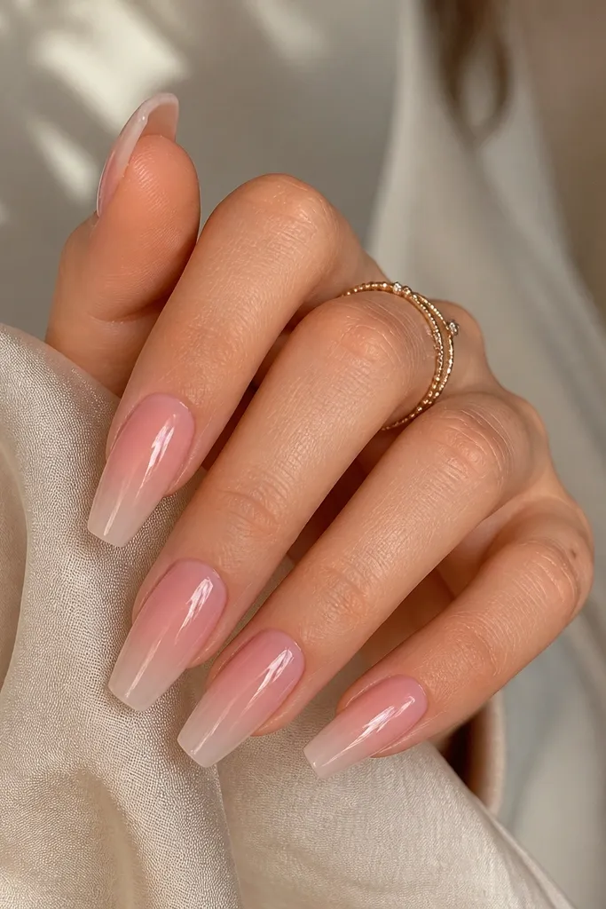 Coffin nails showing a blush-pink to nude ombre with a slightly translucent jelly-like clear layer over the gradient; the surface looks glossy and glassy.
