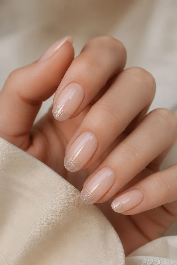 Oval nails with a nude fade from cuticle to tip, where the very last part of the nail has fine micro-glitter; the gradient is smooth and the glitter is concentrated at the free edge.