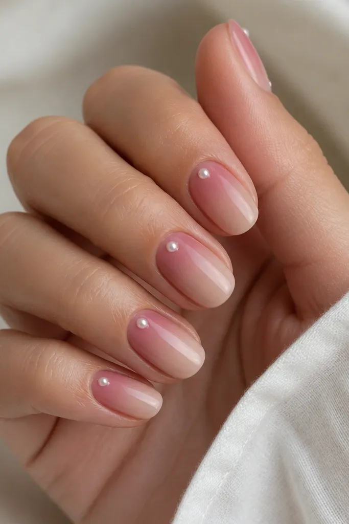 Round nails with rosy nude ombre; a tiny pearl dot sits near the cuticle on each nail, and the ombre fades softly to a nude tip.