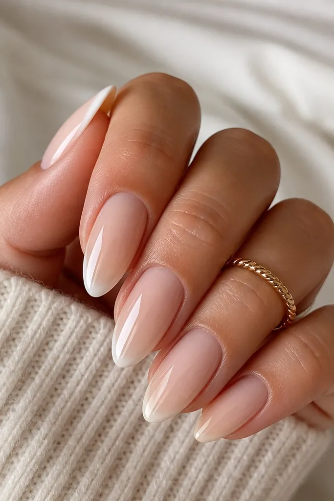 Almond nails with a nude ombre; the tip has a very thin, crisp nude-to-white French line detail that sits right at the free edge, with a glossy finish.