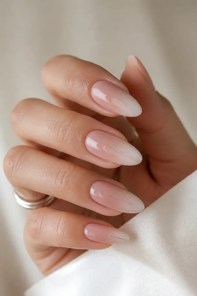 Almond nails with a cool pink nude ombre fading to a pale nude tip; a thin silver microline runs near the sidewall from mid-nail to just before the tip.