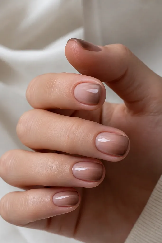 Short round nails with a nude ombre that fades into a soft brown at the tips; the transition is subtle and smooth, with glossy shine.
