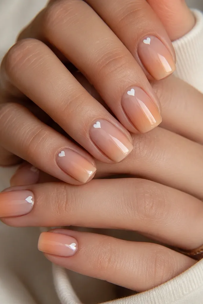 Squoval nails with peachy nude ombre; each nail has a tiny white heart accent near the cuticle, and the tips fade warm and glossy.