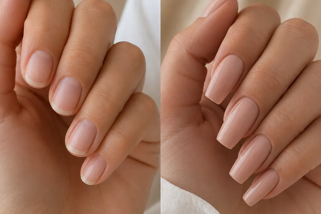 Before and after nude acrylic nails