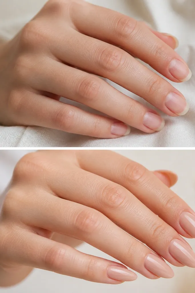 Before and after nude acrylic nails