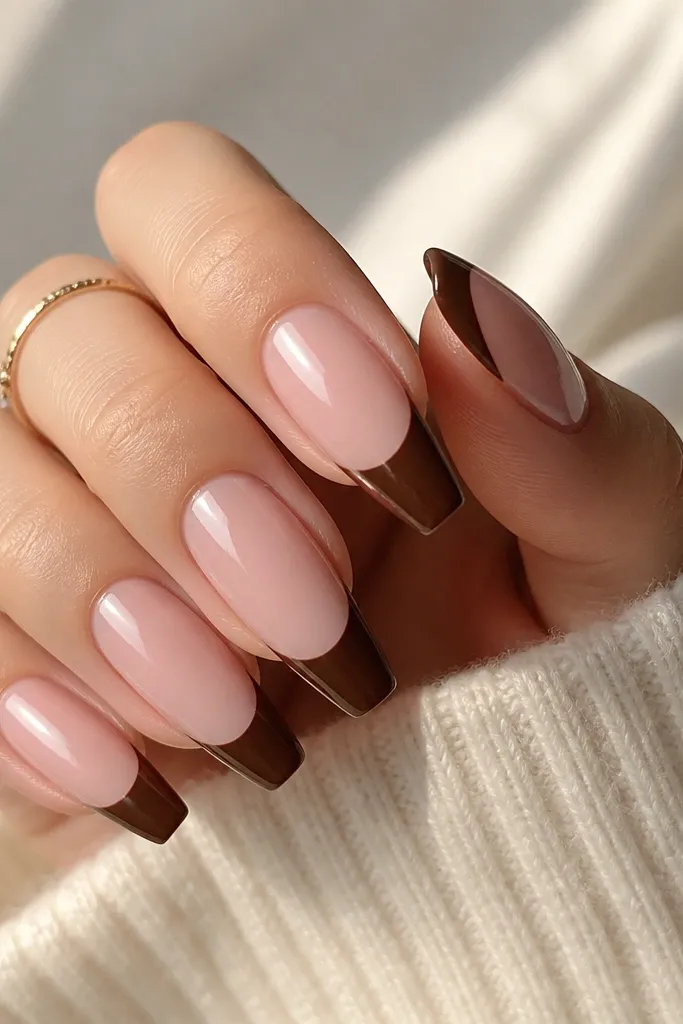Coffin nails with a sheer pink base. The French tips are a medium-width espresso brown band, glossy and sharply defined across each nail.