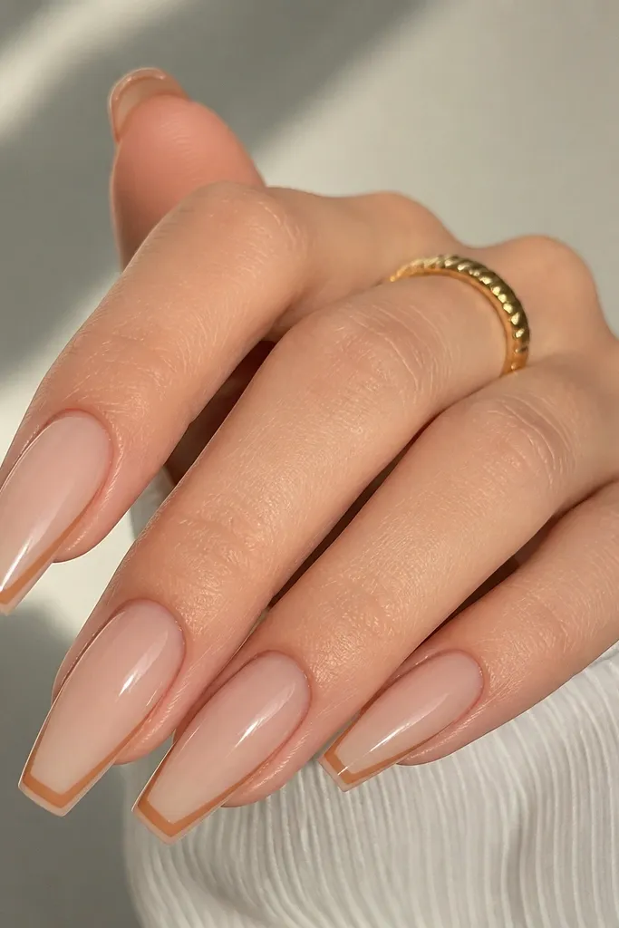Coffin nails with a nude base. Instead of a standard French tip, there's a warm caramel outline near the free edge and a faint outline around the sides, with a glossy finish.
