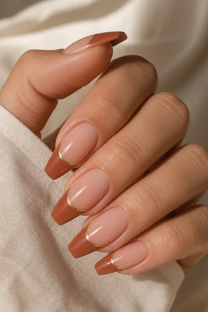 Coffin nails with a sheer nude base. The French tips are warm terracotta-brown. A hairline gold strip runs along the top edge of the French tip, glossy overall.